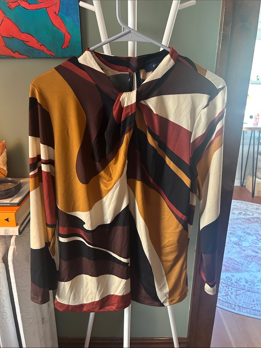 Twist-Neck Abstract Print Blouse in Mustard, Burgundy & Cream